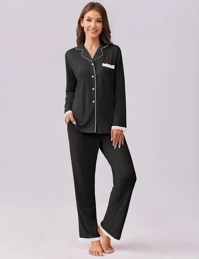 ekouaer-pajama-sets-schlafanzug-damen-langarm-knopfleiste-spitze image 1