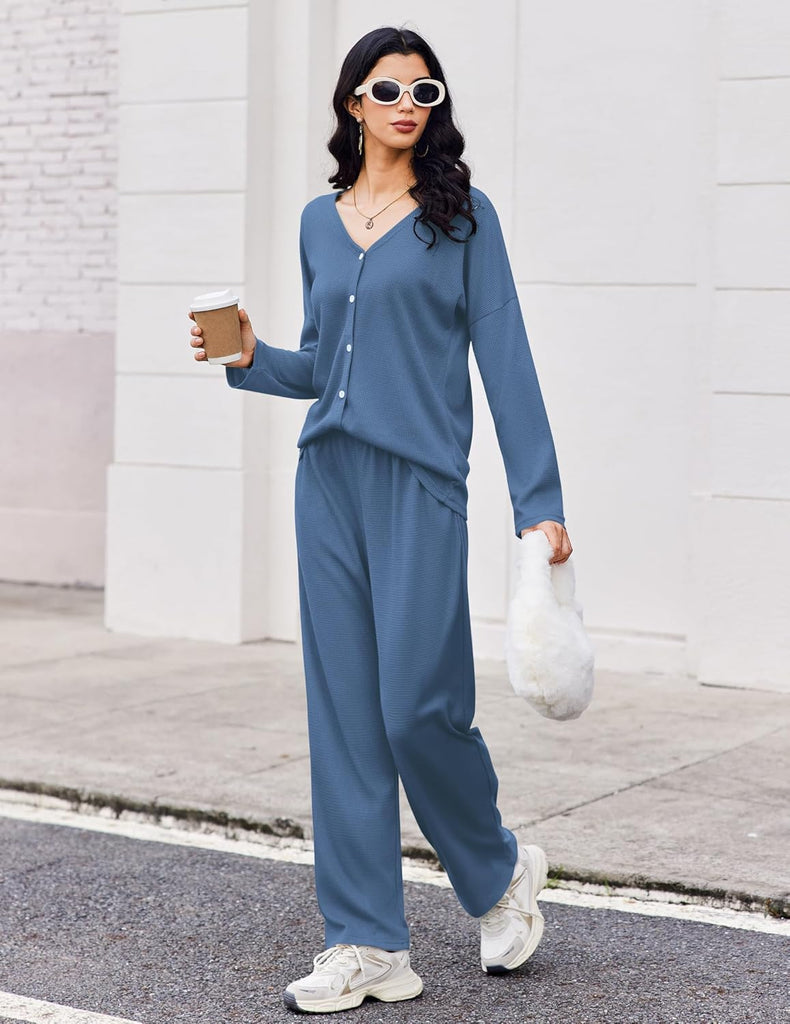 ekouaer-waffle-knit-pyjama-langarm-v-ausschnitt-kn-pfe image 1