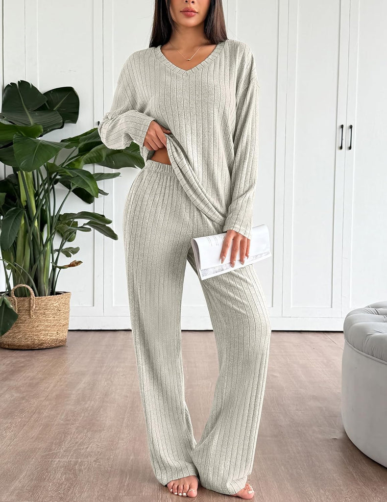 ekouaer-pajama-sets-lounge-set-langarm-gerippt-taschen image 1