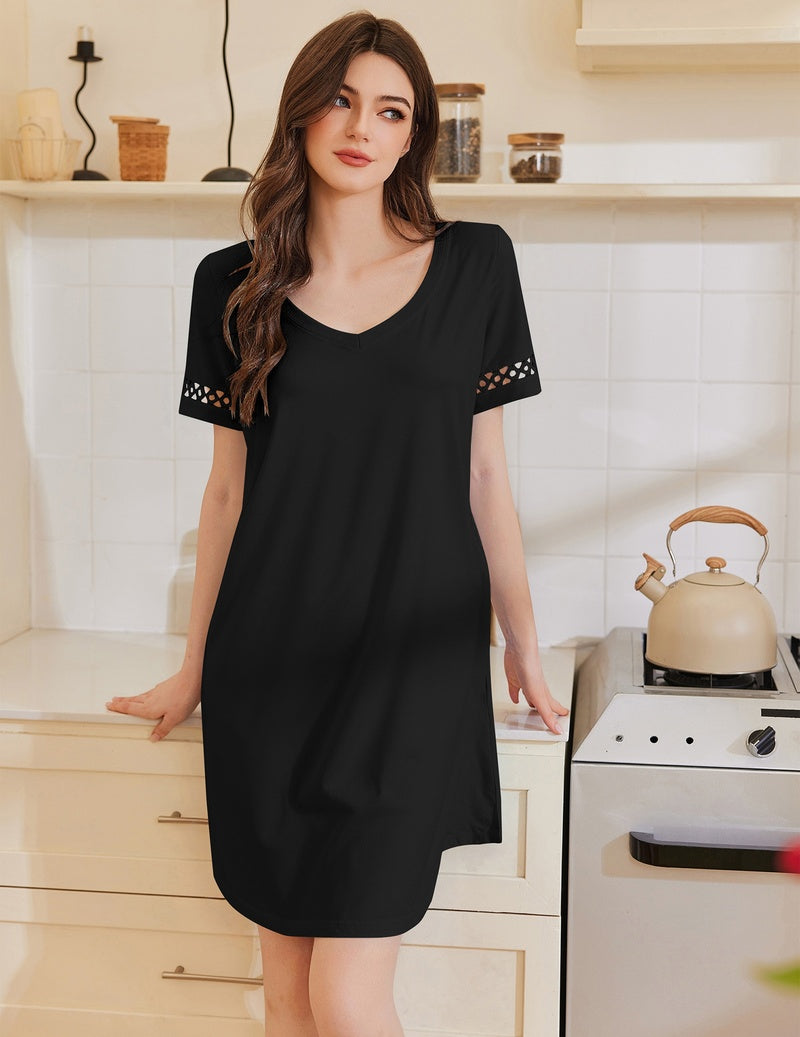 ekouaer-nightgowns-baumwoll-nachthemd-rosa-kurzarm-v-ausschnitt image 2