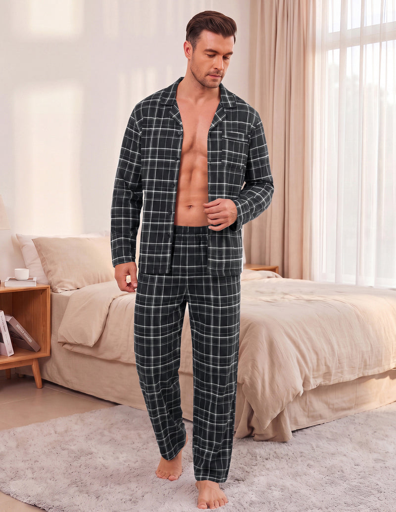 ekouaer-men-pyjama-set-karo-langarm-button-down image 2