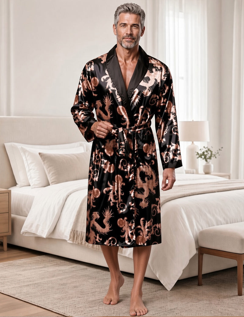 ekouaer-men-brokat-morgenmantel-herren-satin-schwarz image 2