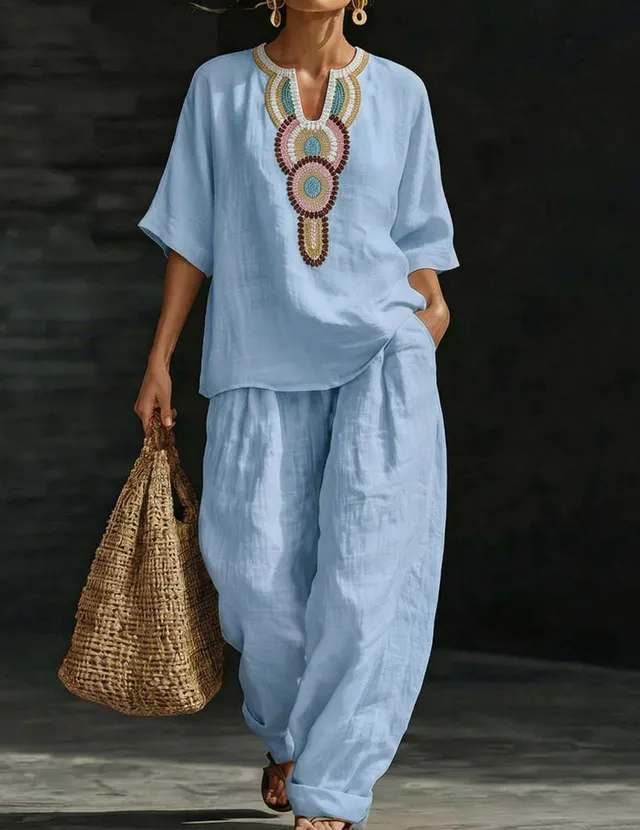 ekouaer-pajama-sets-leinen-tunika-set-stickerei-mint image 1