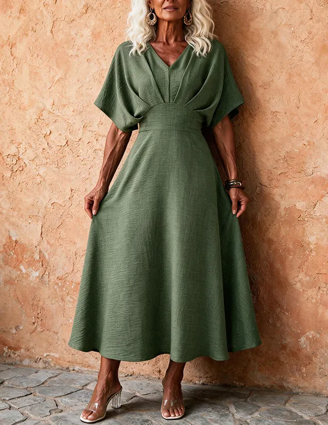 ekouaer-v-neck-midi-kleid-kurzarm-moosgr-n image 1