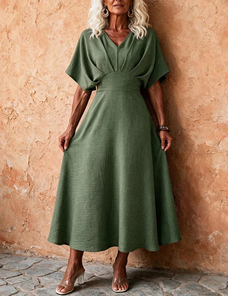 ekouaer-v-neck-midi-kleid-kurzarm-moosgr-n image 1