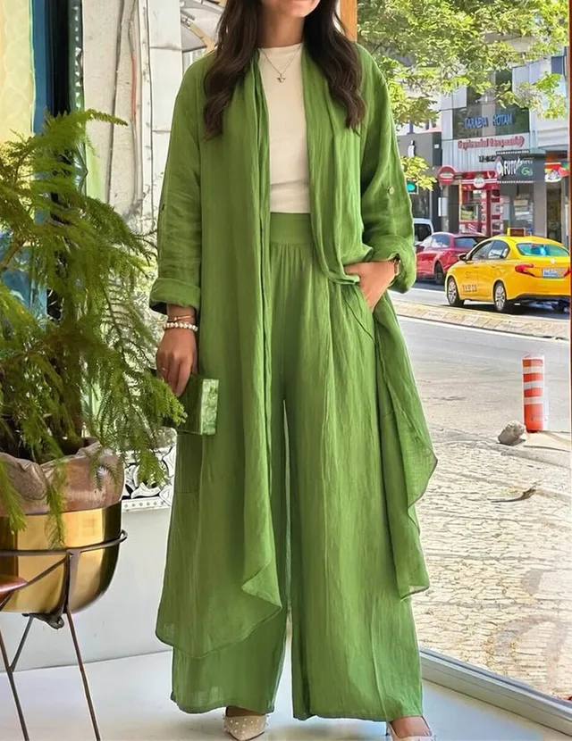 ekouaer-robes-leinen-zweiteiler-cardigan-hose-weite-sommer image 1