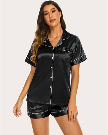 ekouaer-pajama-satin-kurzarm-pyjama-set-schwarz-shorts image 7