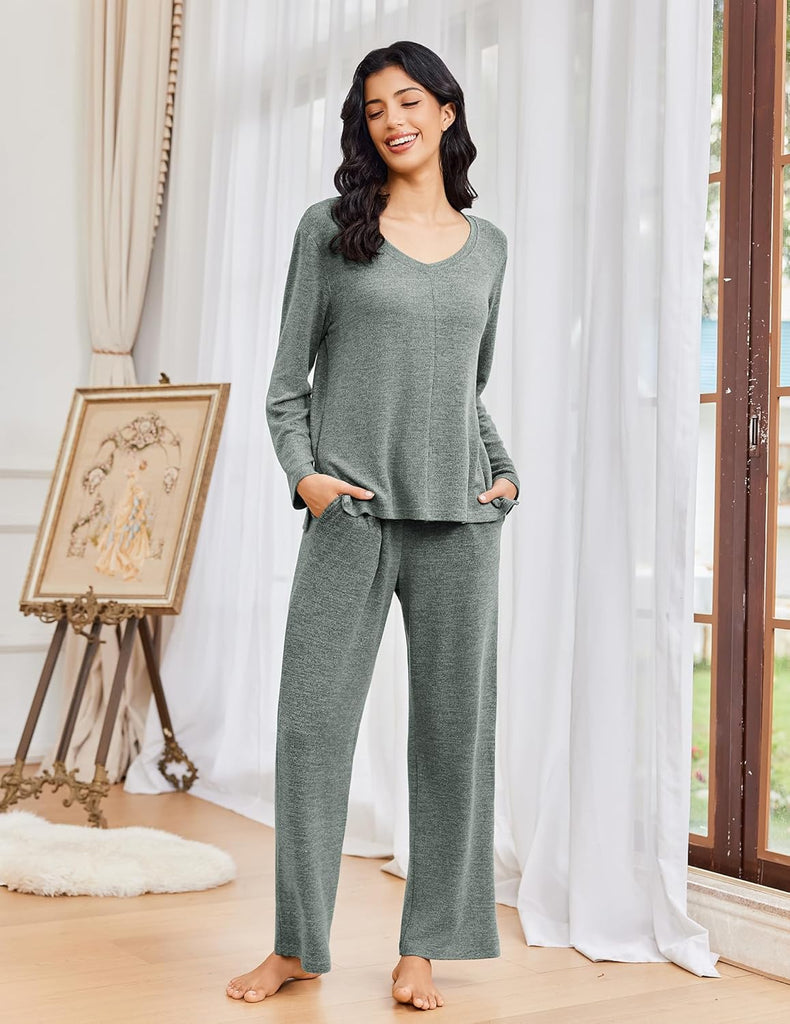 ekouaer-pajama-sets-schlafanzug-v-ausschnitt-langarm-mit-hose image 1