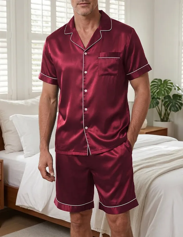 ekouaer-men-satin-pyjama-herren-kurzarm-mit-shorts-und-paspel image 1