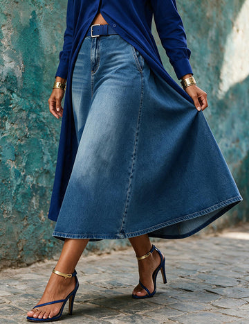 ekouaer-denim-midi-skirt-jeansrock-midi-stretch-blau image 3