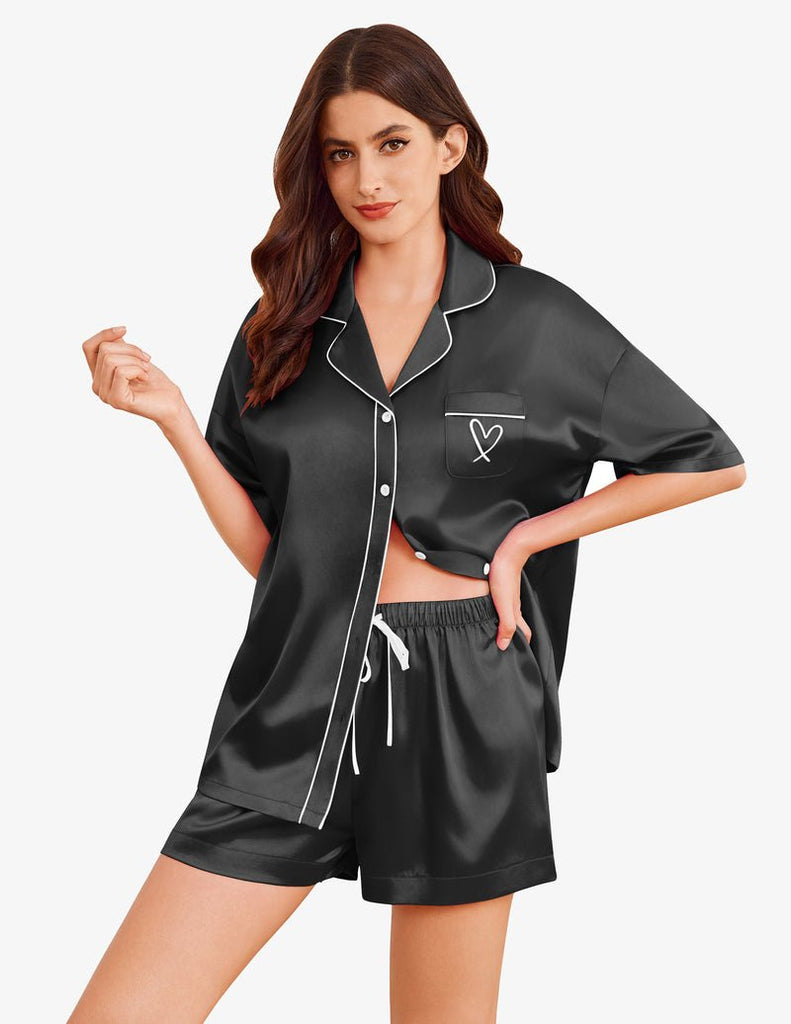ekouaer-satin-pyjama-herz-stickerei-shorts-2tlg image 1