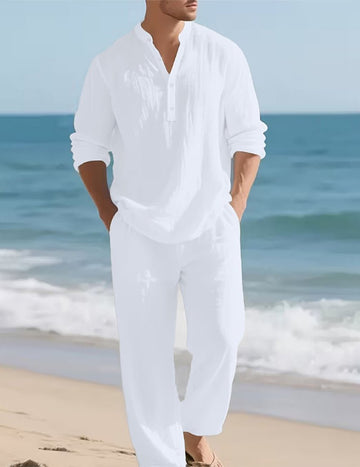 ekouaer-men-leinen-henley-set-hemd-hose-wei image 3