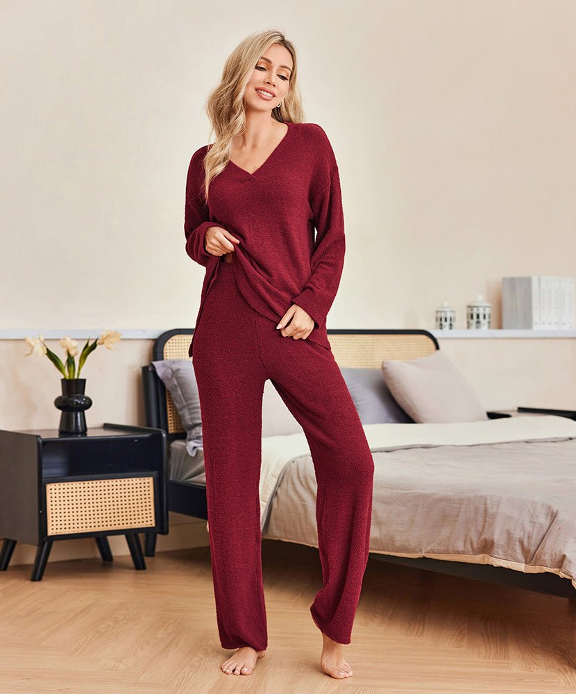 ekouaer-fuzzy-fleece-2-teiliges-lounge-set-pyjama-v-ausschnitt image 1
