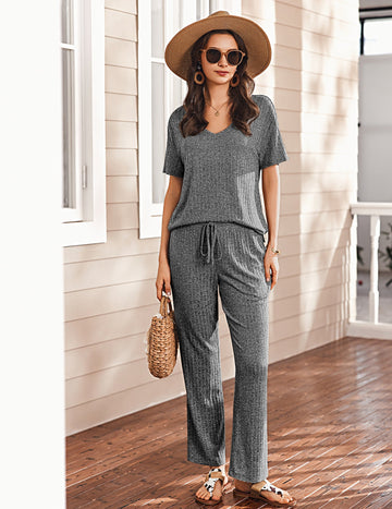 ekouaer-pyjama-set-ripp-v-ausschnitt-kurzarm-kordelzug-2-teilig image 3