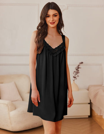 ekouaer-nightgowns-satin-nachthemd-spitze-v-ausschnitt-knielang image 5