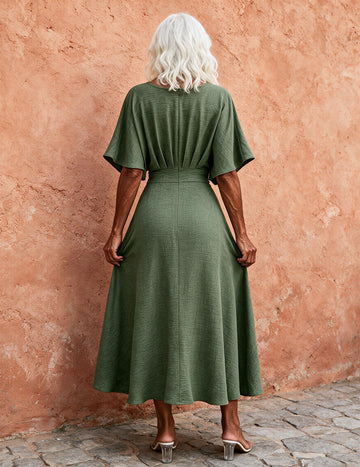 ekouaer-v-neck-midi-kleid-kurzarm-moosgr-n image 5