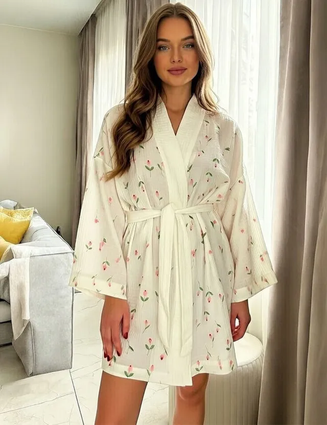 ekouaer-robes-baumwoll-bademantel-blumen-mit-g-rtel image 1