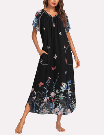 ekouaer-patchwork-full-length-nachthemd-kurzarm-taschen image 5