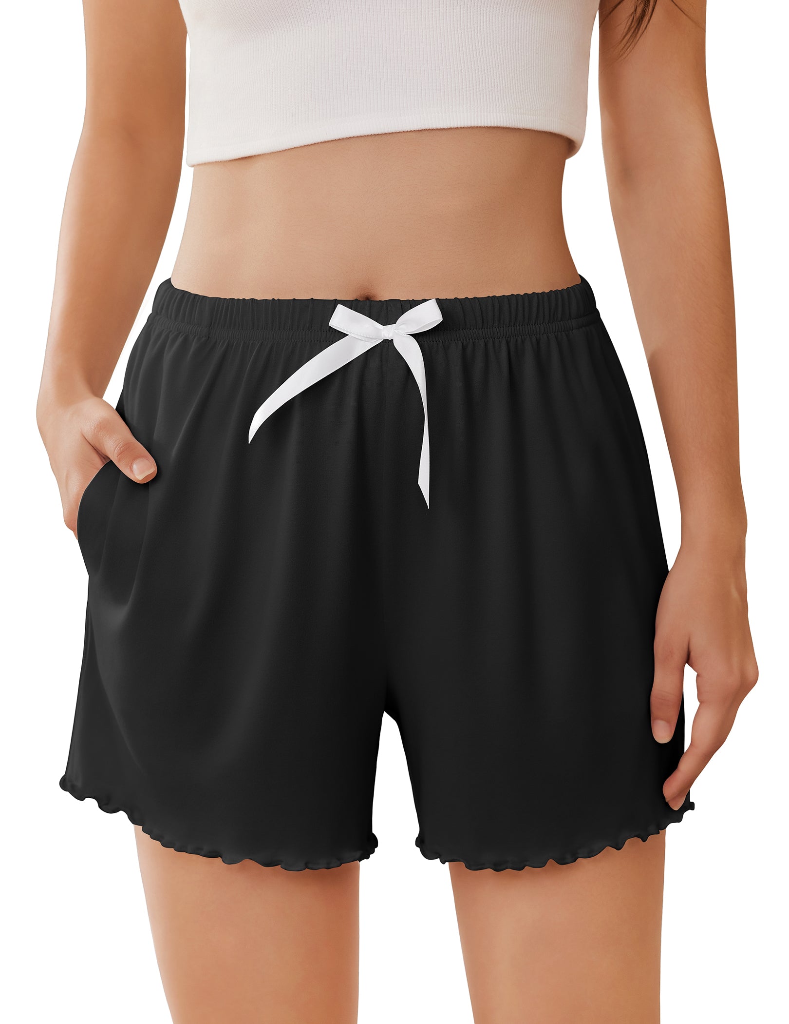 ekouaer-pajama-sets-ruffle-shorts-damen-schwarz-mit-taschen image 2