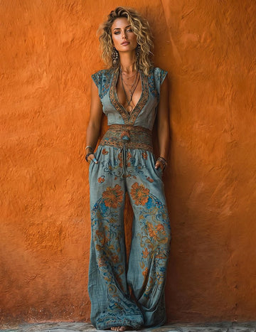 ekouaer-jumpsuits-boho-leinen-overall-blumen-v-ausschnitt image 7