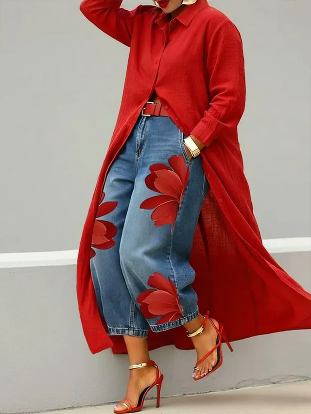 ekouaer-pajama-sets-leinenhemd-blumen-jeans-rot-blau image 1