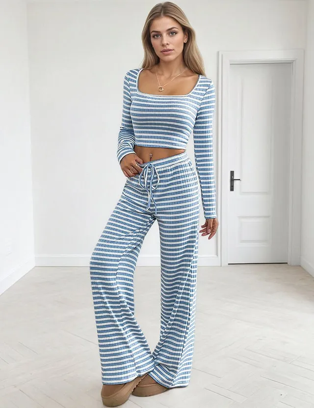 ekouaer-pajama-sets-streifen-langarm-pyjama-hose-oberteil-stretch image 1