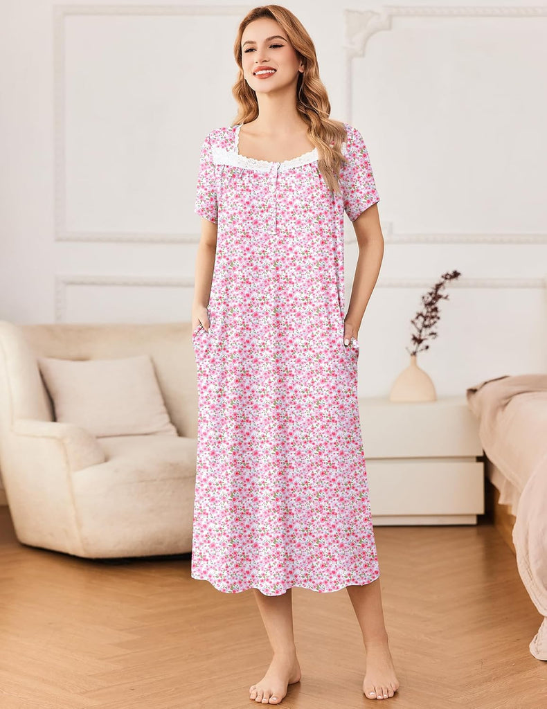 ekouaer-nightgowns-nachthemd-kurzarm-blumen-taschen-knopfleiste image 1
