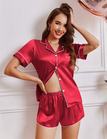 ekouaer-teddy-tops-shorts-satin-pyjama-set-kurz-v-ausschnitt image 8