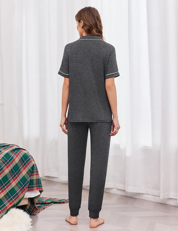 ekouaer-button-down-schlafanzug-kurzarm-mit-jogger-hose image 3