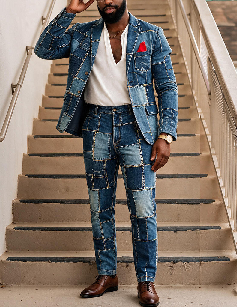 ekouaer-men-anzug-2-teilig-patchwork-blazer-hose-denim-print image 1