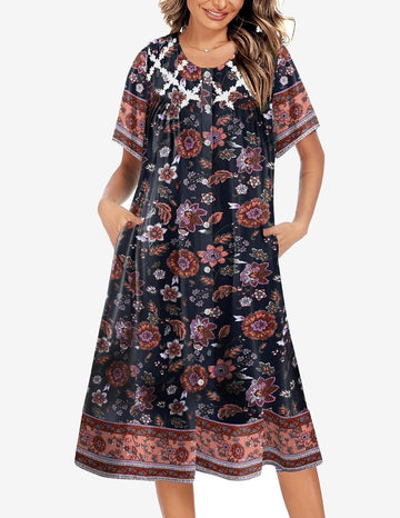 ekouaer-robe-nachthemd-durchgekn-pft-kurzarm-wadenlang-blumen image 7