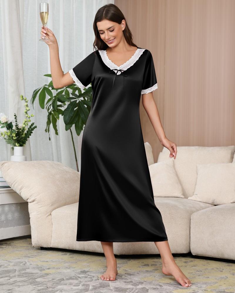 ekouaer-nightgowns-satin-nachthemd-weinrot-schleife image 2