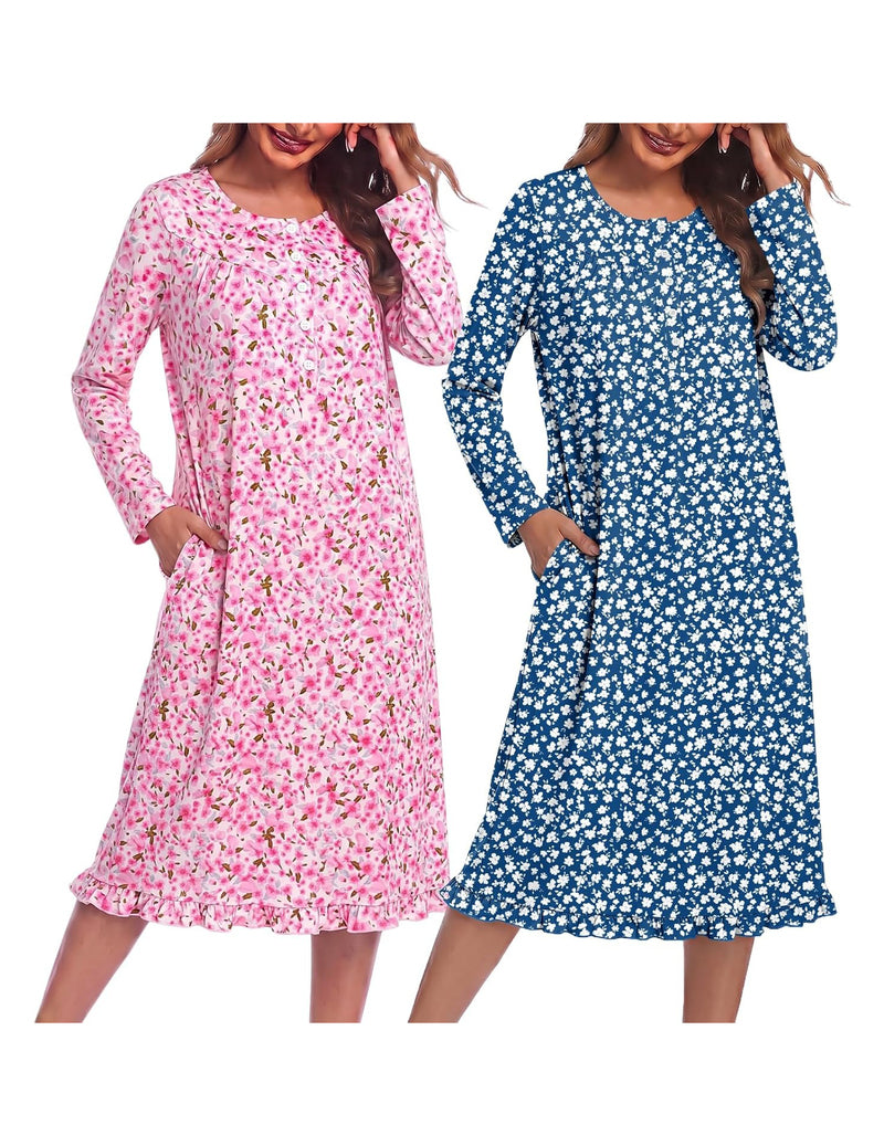 ekouaer-nightgowns-langarm-nachthemd-2er-pack-pink-floral image 4
