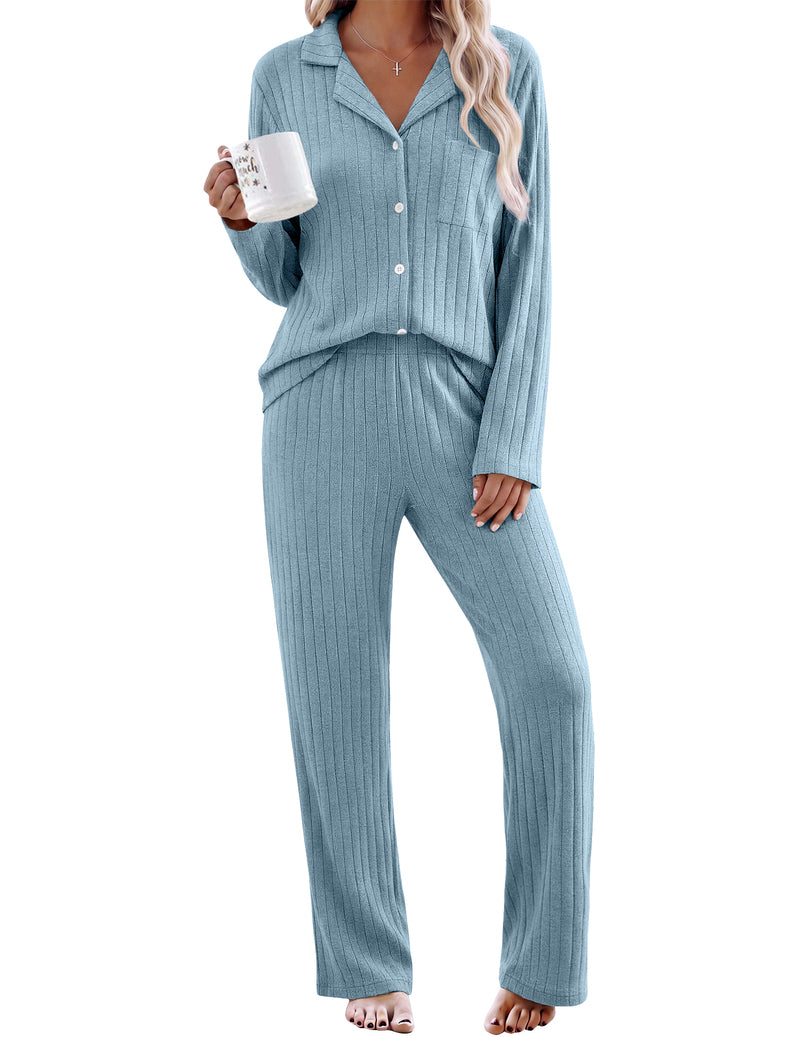 ekouaer-pajama-sets-schlafanzug-gerippt-langarm-hellblau image 3