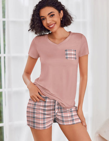 ekouaer-pajama-sets-v-neck-shorts-pyjama-lounge-set-kurzarm image 3