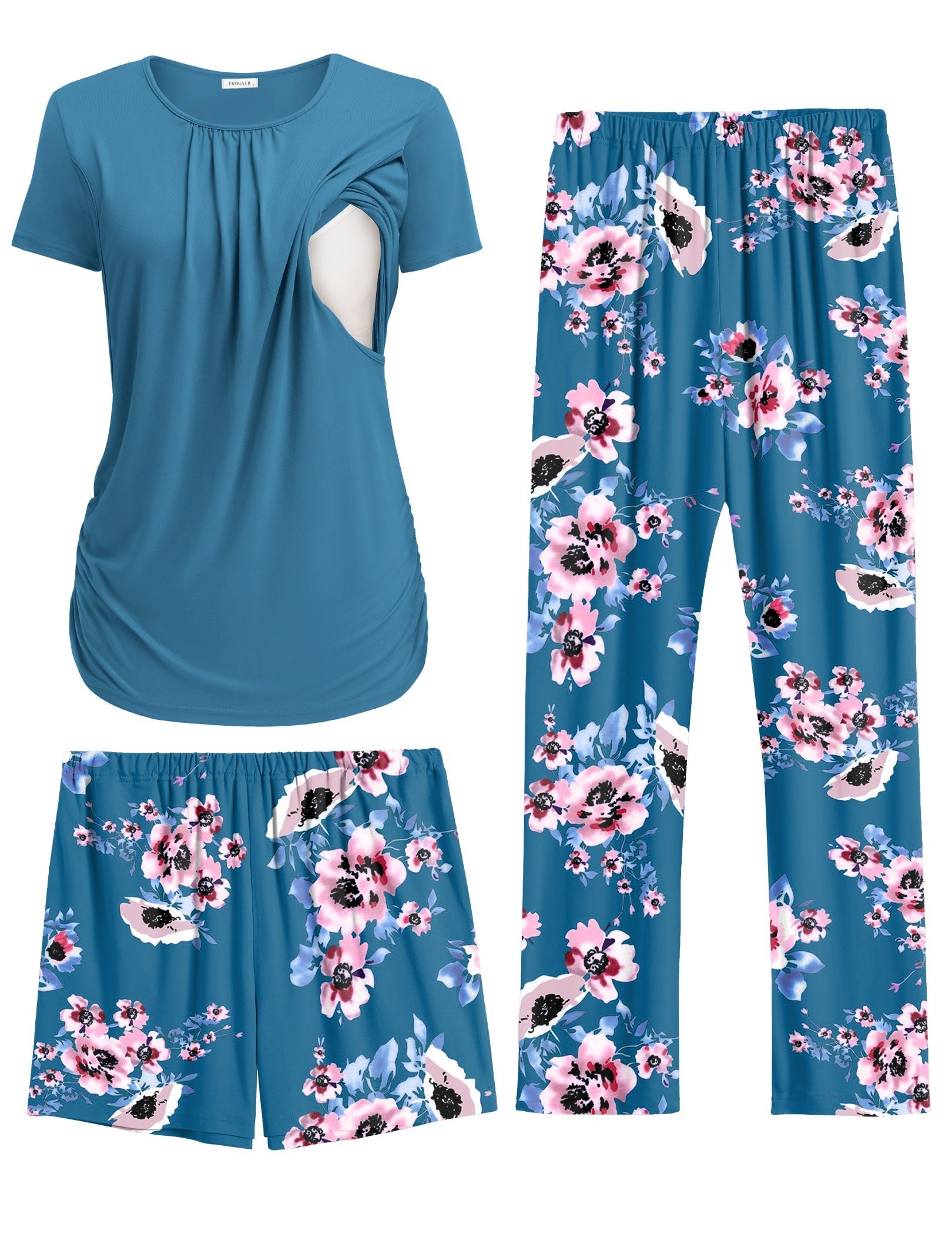 ekouaer-maternity-still-pyjama-3-tlg-floral-teal-m image 2