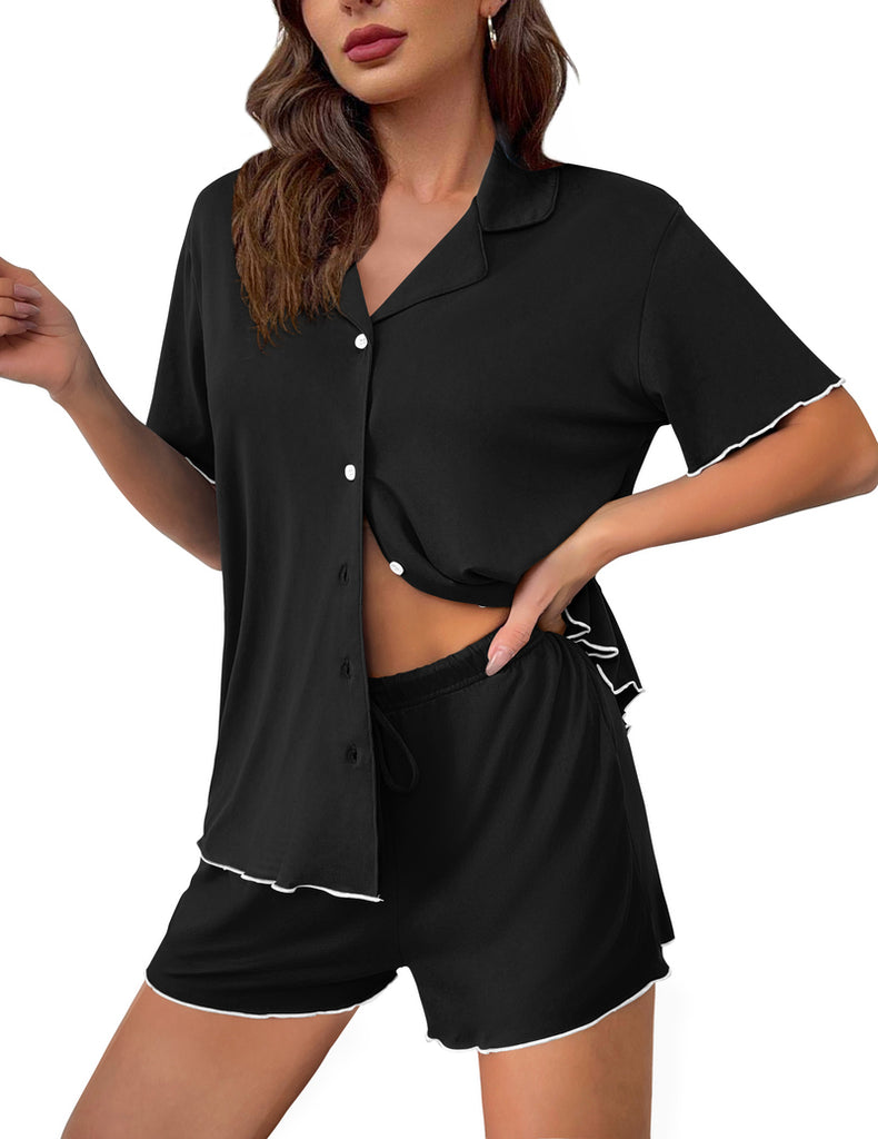ekouaer-pajama-sets-knopf-schlafanzug-kurzarm-shorts-taschen image 1