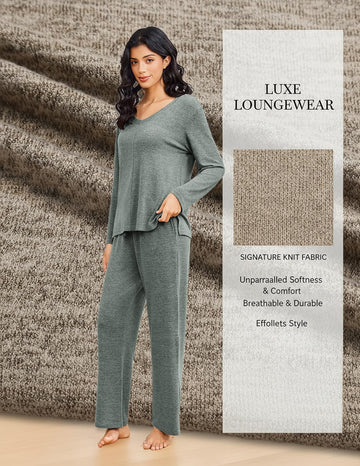 ekouaer-pajama-sets-schlafanzug-v-ausschnitt-langarm-mit-hose image 3