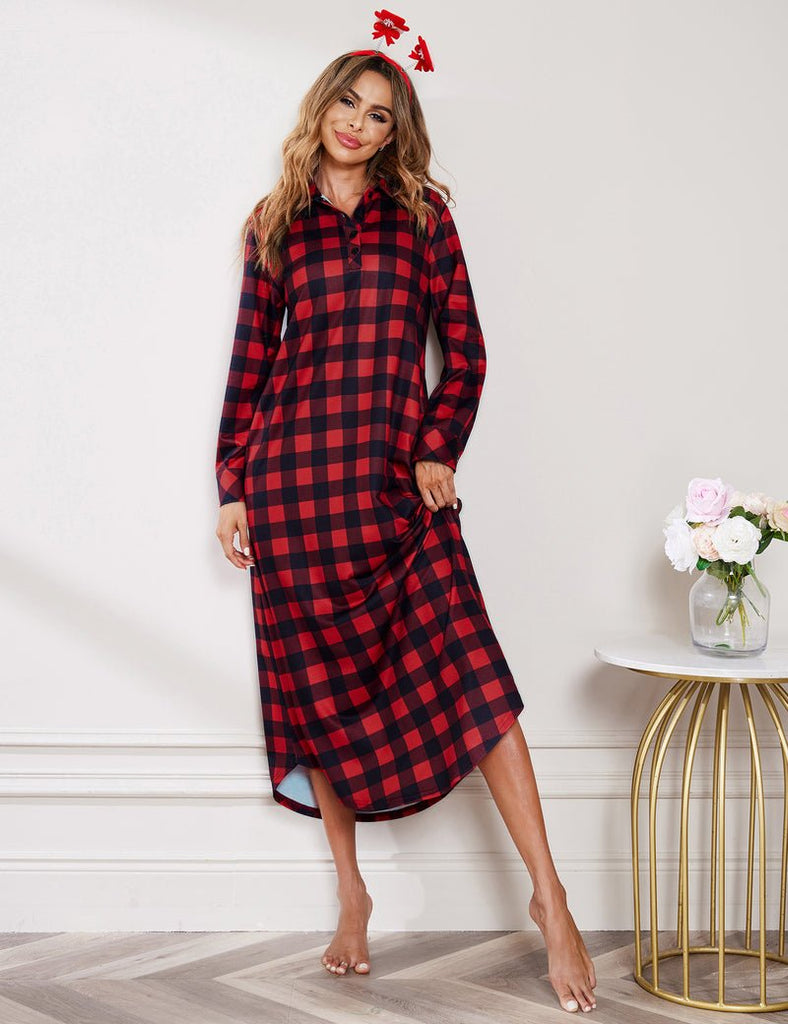 ekouaer-pajama-langarm-karo-nachthemd-mit-taschen image 1