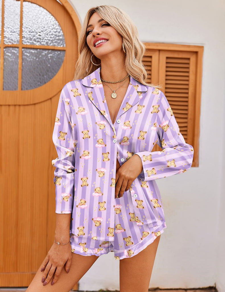 ekouaer-teddy-satin-ruffled-pyjama-langarm-shorts image 1