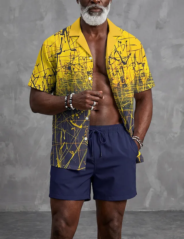 ekouaer-men-hawaiihemd-shorts-set-wellenprint-gr-n image 1