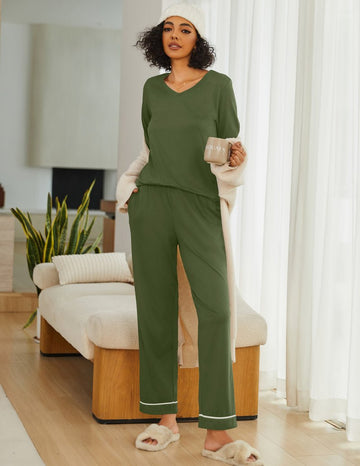 ekouaer-pajama-sets-langarm-schlafanzug-v-ausschnitt-taschen image 3