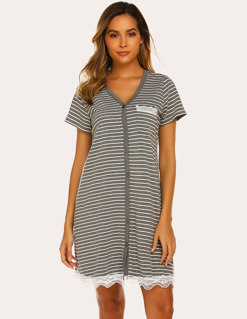 ekouaer-nightgowns-streifen-nachthemd-v-ausschnitt-knopfleiste image 1
