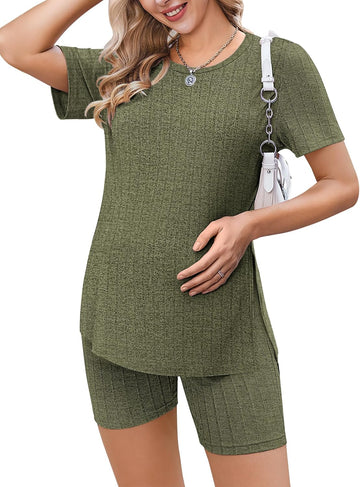 ekouaer-maternity-2-teiler-shirt-shorts-umstandsset-rippenstrick image 7