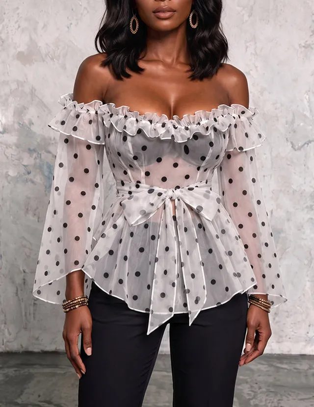 ekouaer-mesh-off-shoulder-crop-top-bluse-wei-punkte image 1