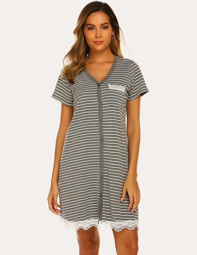 ekouaer-nightgowns-streifen-nachthemd-v-ausschnitt-knopfleiste image 1