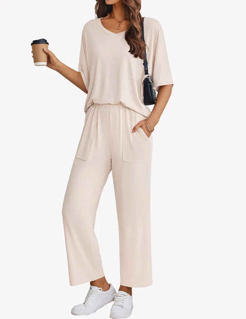 ekouaer-schlafanzug-damen-kurzarm-weite-hose-mit-taschen image 1