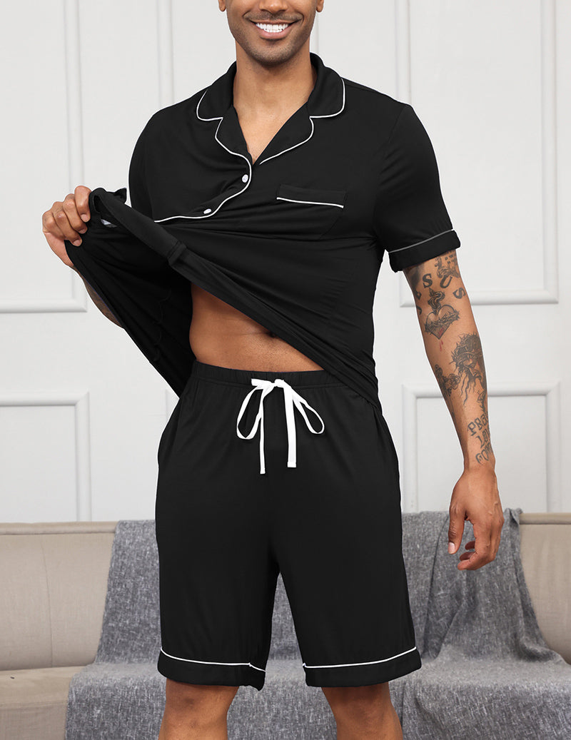 ekouaer-men-notch-pyjama-schwarz-kurzarm-viskose image 4