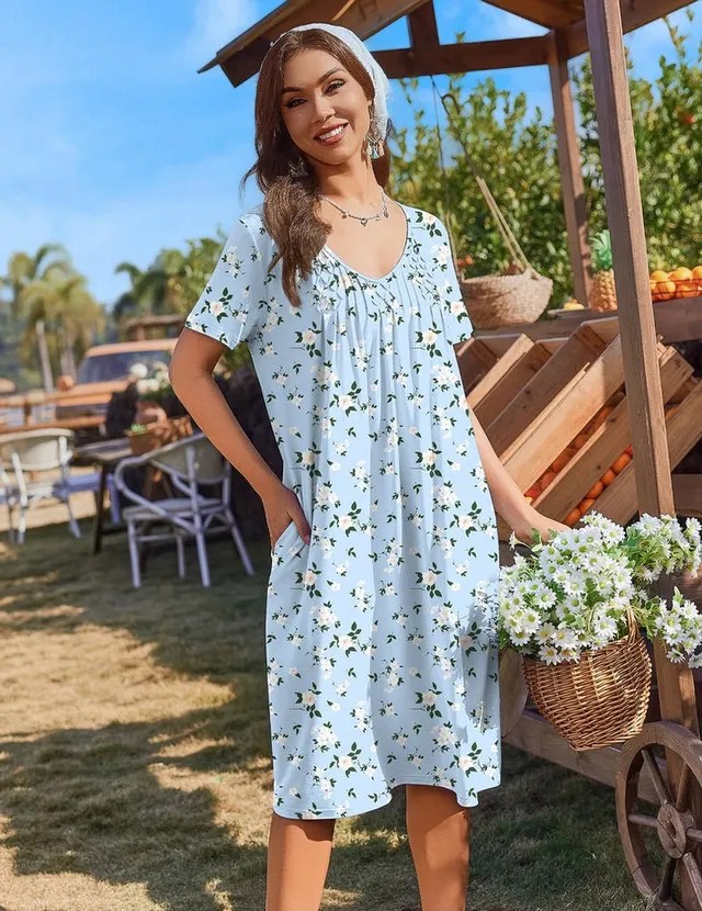 ekouaer-nightgowns-blumen-nachthemd-kurzarm-mit-taschen image 1