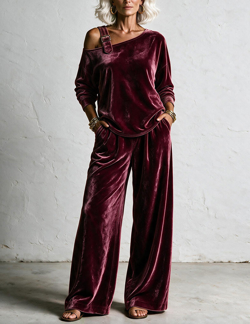 ekouaer-velvet-one-shoulder-hausanzug-samt-khaki-2-tlg image 4